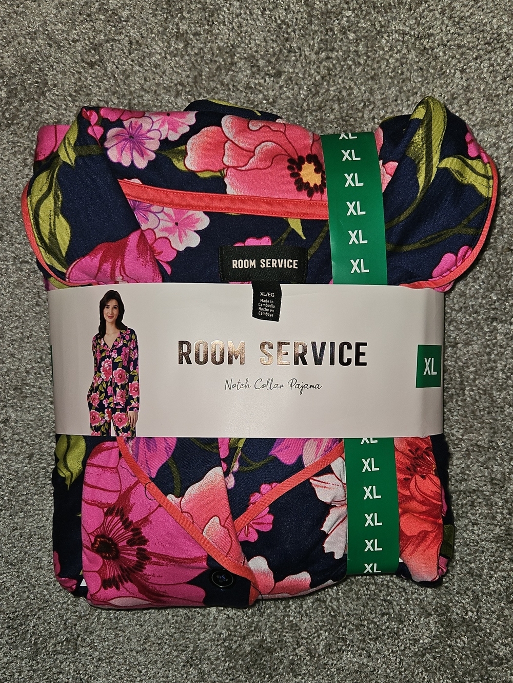 Room Service Women's Navy Pink Floral Notch Collar Pajama Set - XL